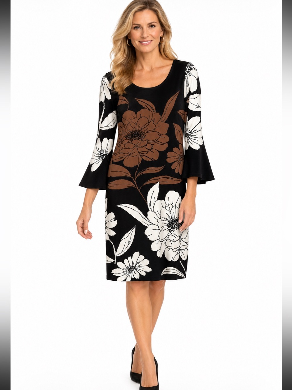 LONDON TIMES Black & Brown Knit Floral Bell Sleeve Warm Sweater Dress S NWOT